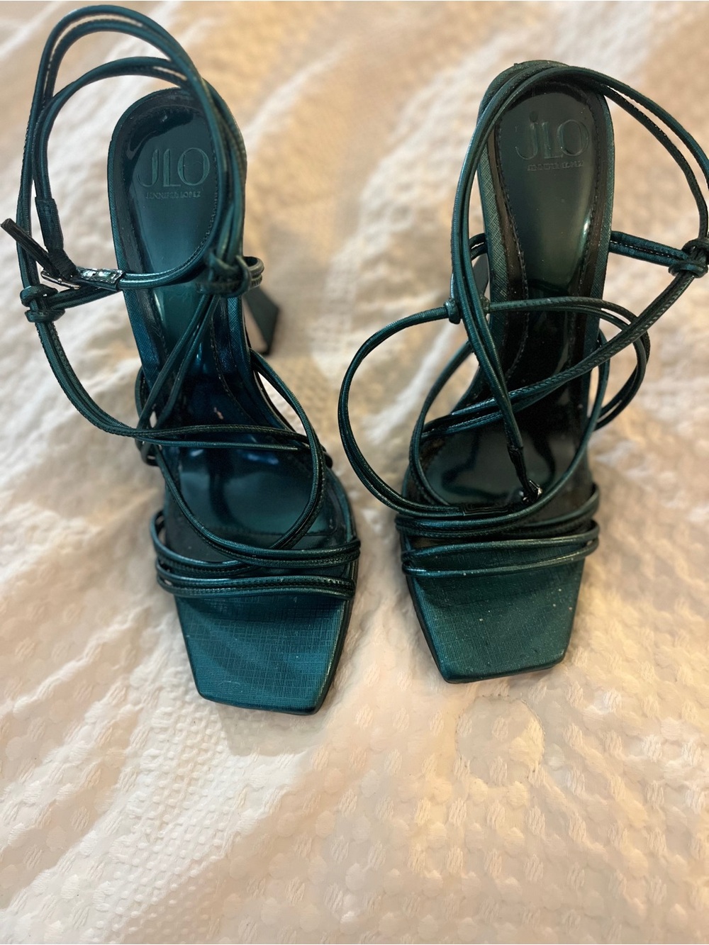Jennifer Lopez Teal Wrap Lace-Up Square-Toe Heels - Picture 3 of 9